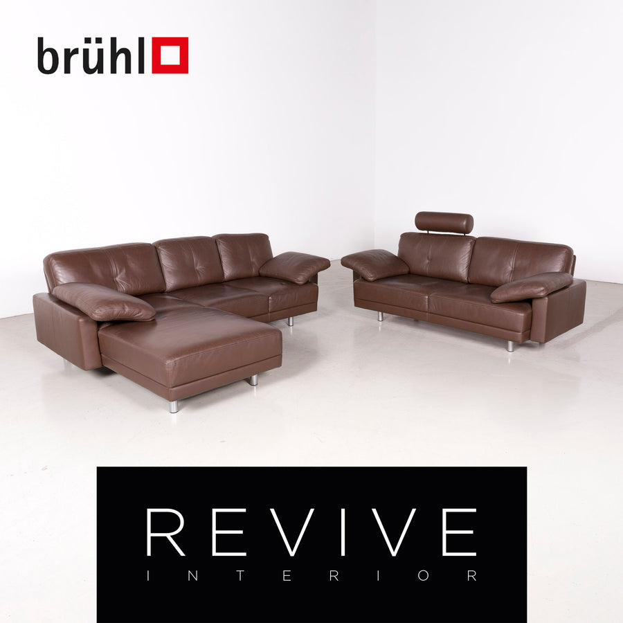 Brühl Designer Leder Ecksofa Garnitur Braun Echtleder Sofa Couch #7583