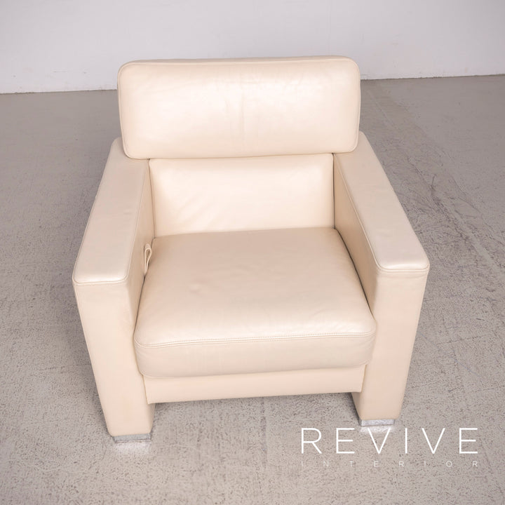 Brühl Designer Leder Sofa Garnitur Beige Dreisitzer Sessel Hocker Echtleder Couch #8446