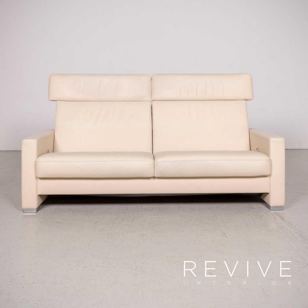 Brühl Designer Leder Sofa Garnitur Beige Dreisitzer Sessel Hocker Echtleder Couch #8446