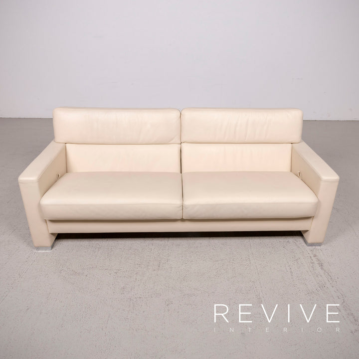Brühl Designer Leder Sofa Garnitur Beige Dreisitzer Sessel Hocker Echtleder Couch #8446