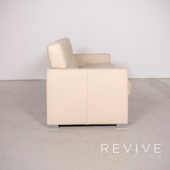 Brühl Designer Leder Sofa Garnitur Beige Dreisitzer Sessel Hocker Echtleder Couch #8446