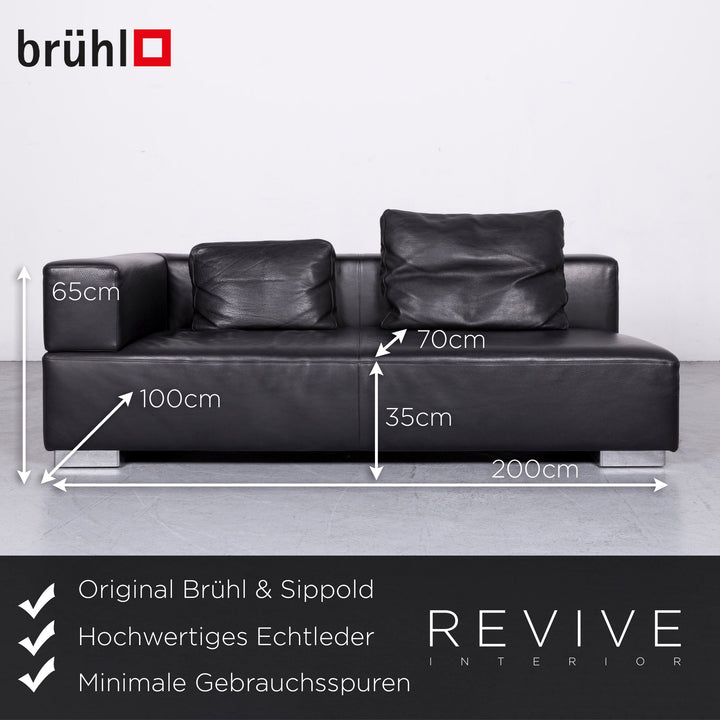 Brühl Designer Leder Sofa Recamiere Schwarz Echtleder Zweisitzer Couch #6768