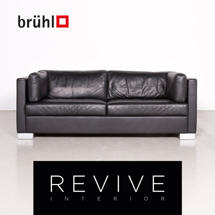 Brühl Designer Leder Sofa Schwarz Echtleder Zweisitzer Couch #7496