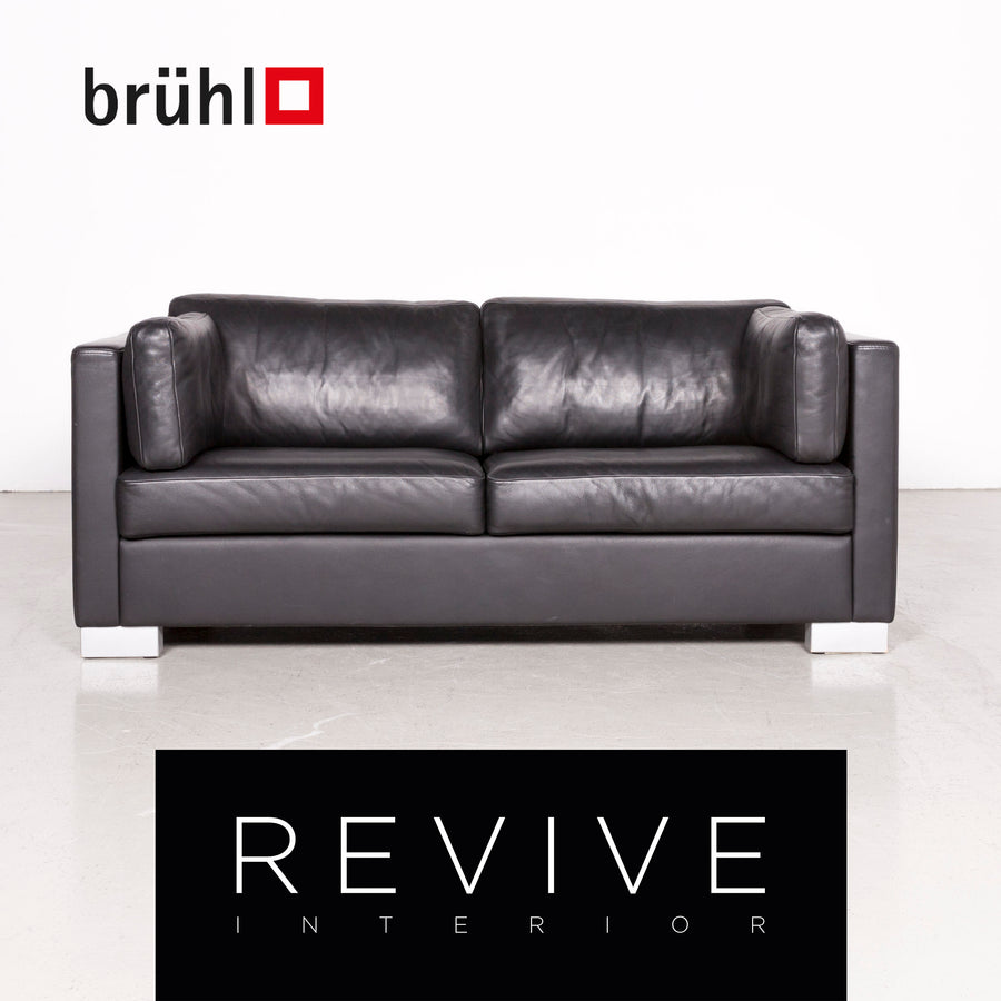 Brühl Designer Leder Sofa Schwarz Echtleder Zweisitzer Couch #7497