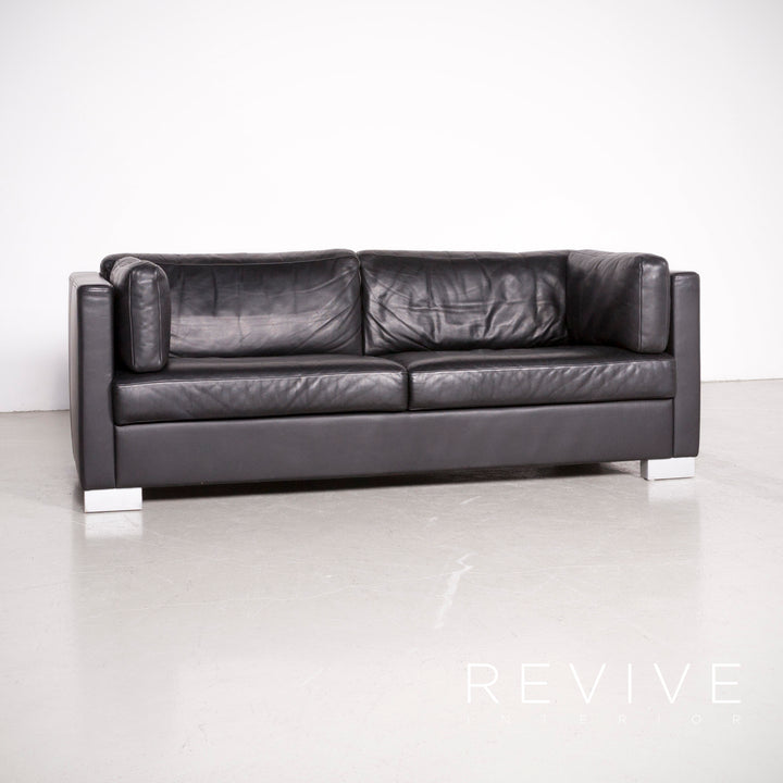 Brühl Designer Leder Sofa Schwarz Echtleder Zweisitzer Couch #7496