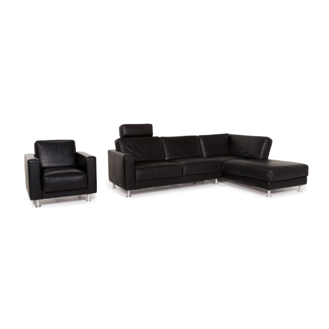 Brühl & Sippold Fiesta leather sofa set black 1x corner sofa 2x armchair #13416
