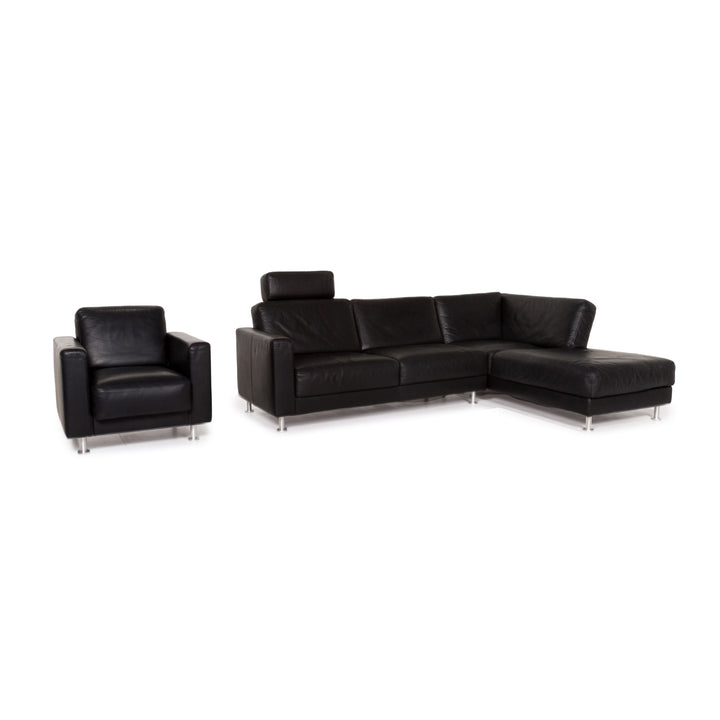 Brühl & Sippold Fiesta leather sofa set black 1x corner sofa 2x armchair #13416
