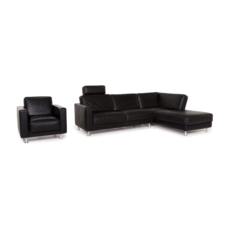 Brühl & Sippold Fiesta leather sofa set black 1x corner sofa 2x armchair #13416
