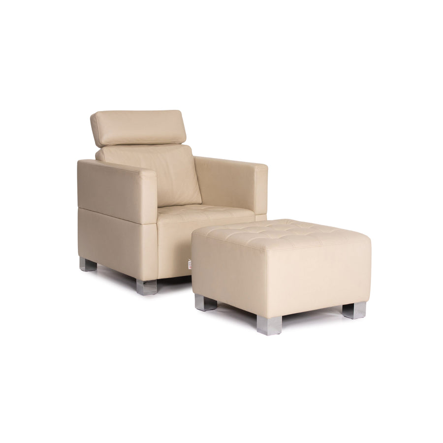 Brühl & Sippold leather armchair set cream 1x armchair 1x stool #14329