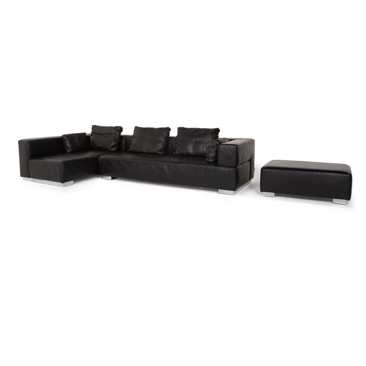 Brühl Leder Sofa Gartnitur Schwarz Ecksofa Hocker #14202