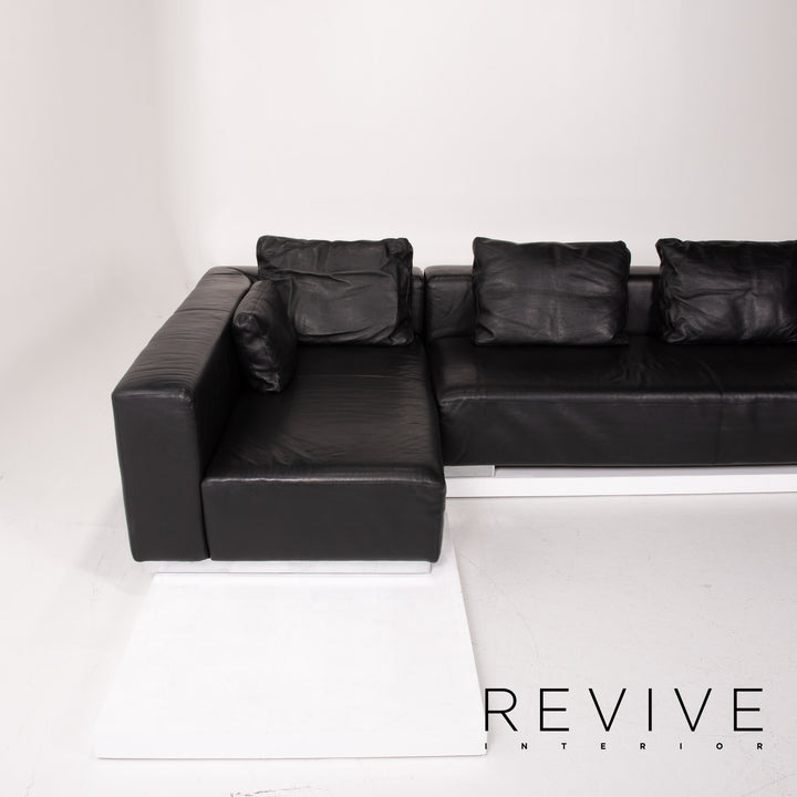 Brühl Leder Sofa Gartnitur Schwarz Ecksofa Hocker #14202