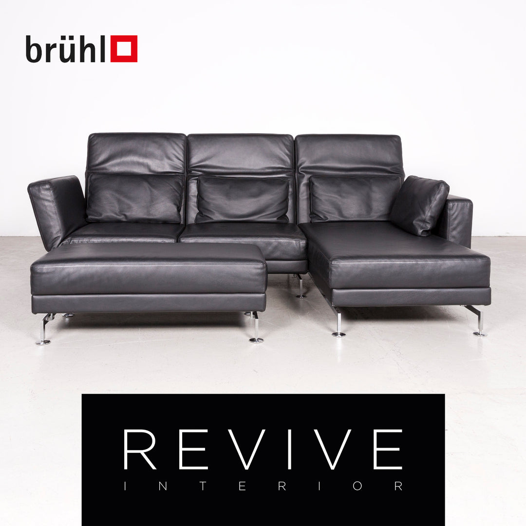 Brühl Moule Designer Leder Ecksofa Hocker Garnitur Schwarz Echtleder Sofa Couch Funktion #7802