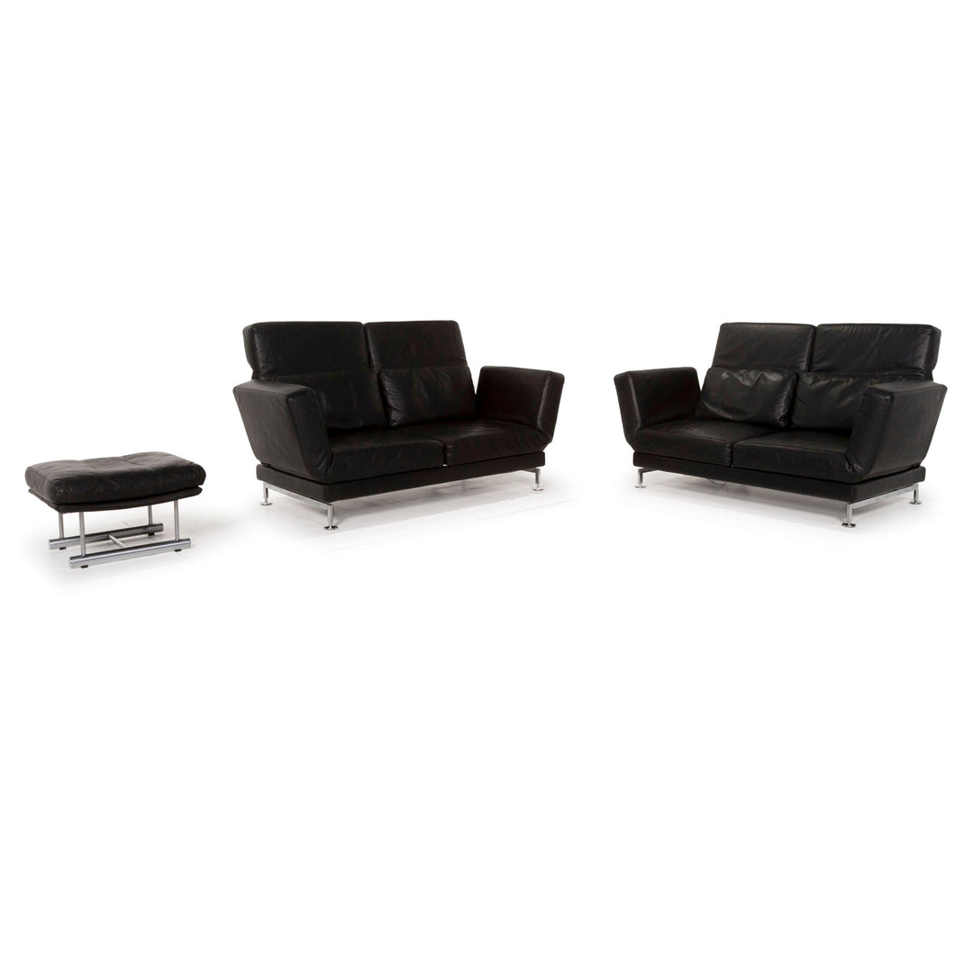 Brühl & Sippold Moule Leder Sofa Garnitur Schwarz Zweisitzer inkl. Funktion Hocker #13237