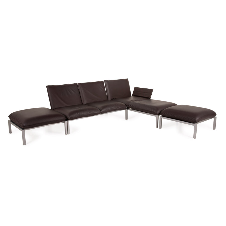 Brühl & Sippold Roro Leder Sofa Garnitur Braun Ecksofa Funktion 1xCouch 2xHocker
