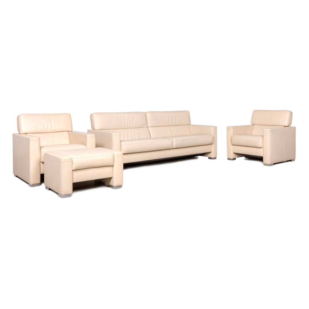 Brühl Designer Leder Sofa Garnitur Beige Dreisitzer Sessel Hocker Echtleder Couch #8446