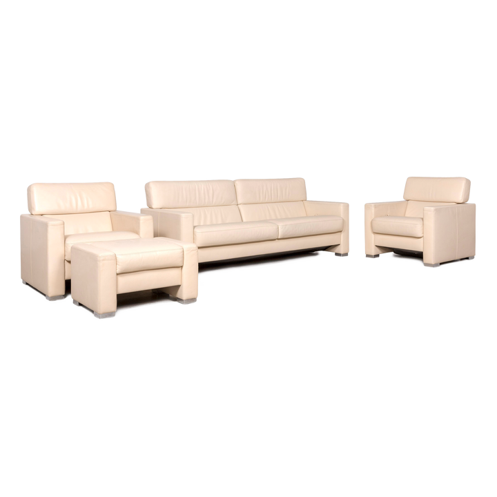 Brühl Designer Leder Sofa Garnitur Beige Dreisitzer Sessel Hocker Echtleder Couch #8446