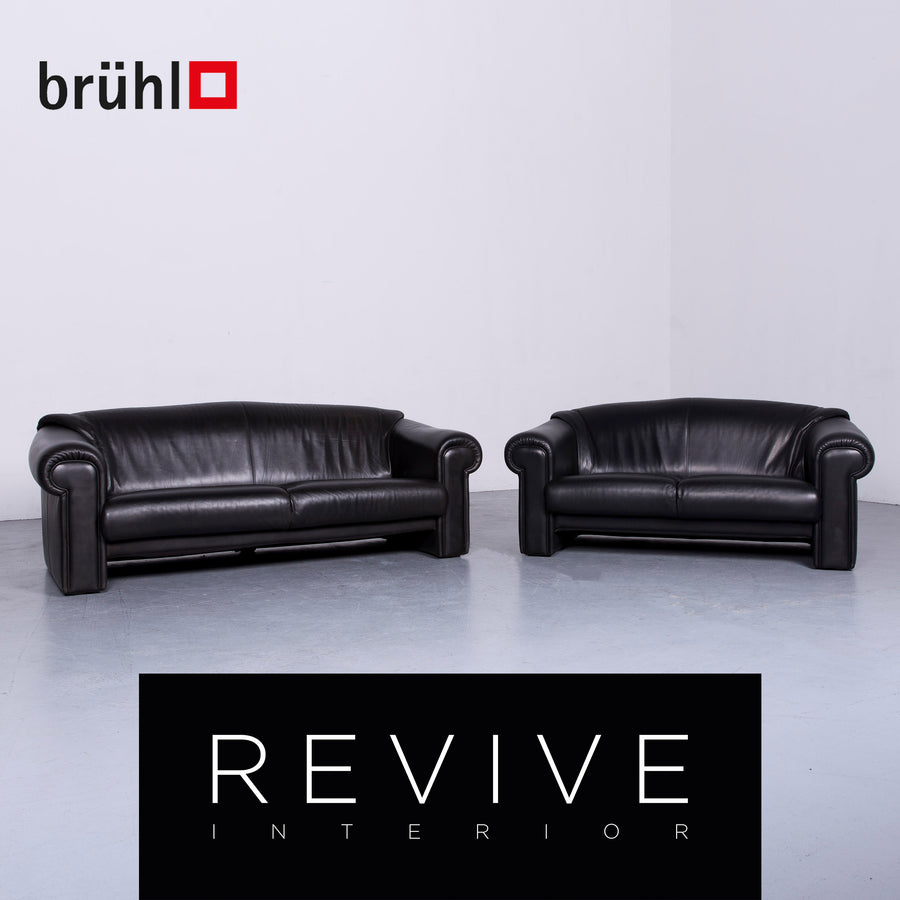 Brühl Designer Leder Sofa Garnitur Schwarz EchtlederZweisitzer Dreisitzer Couch #6516