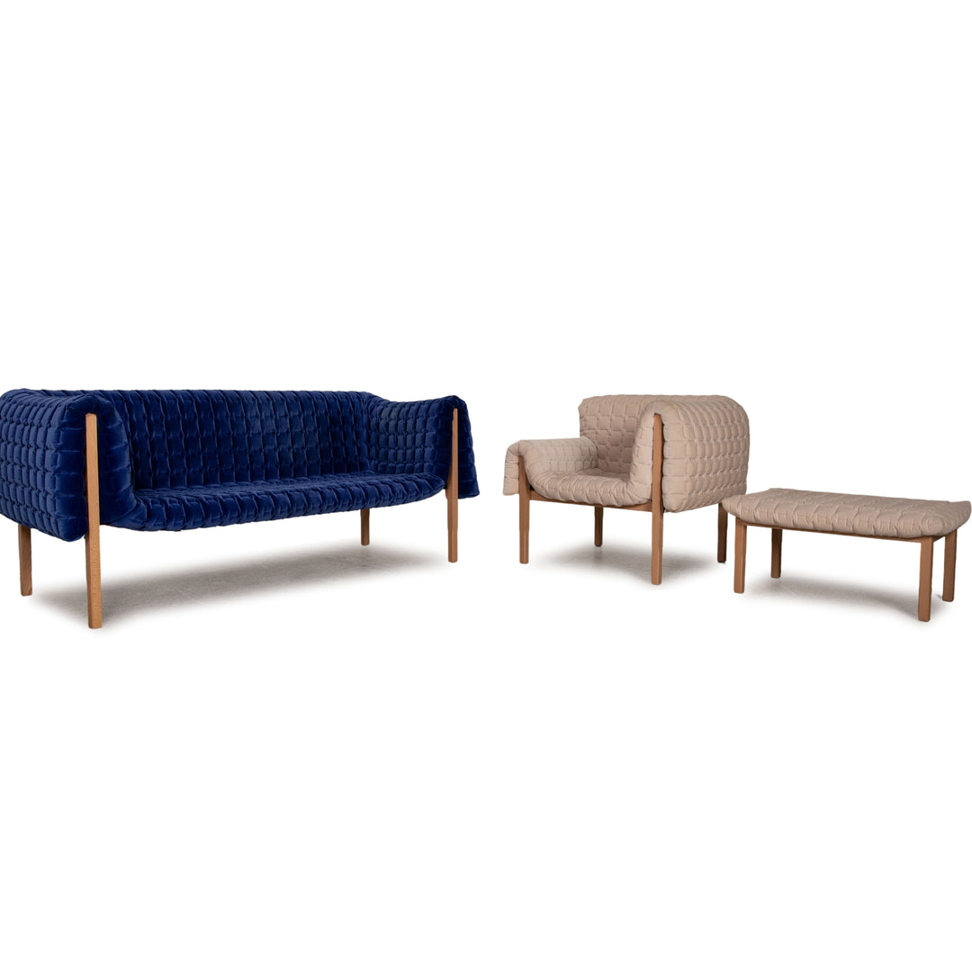 ligne roset ensemble canapé tissu Ruché bleu crème fauteuil trois places tabouret
