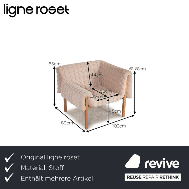 ligne roset ensemble canapé tissu Ruché bleu crème fauteuil trois places tabouret