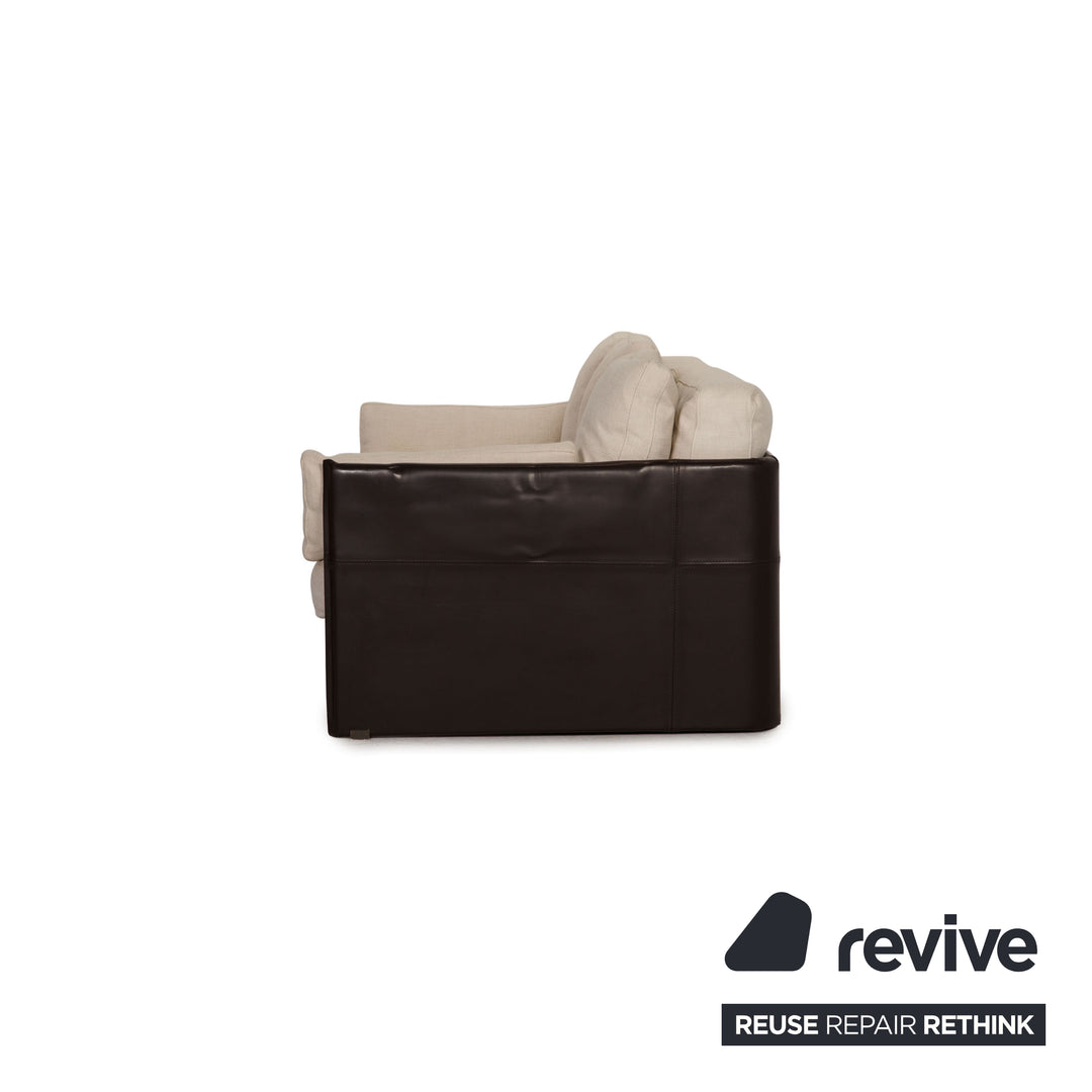 Minotti Fabric Two Seater Cream Brown Leather Sofa Couch