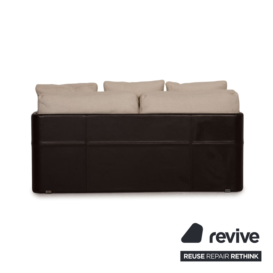 Minotti Fabric Two Seater Cream Brown Leather Sofa Couch