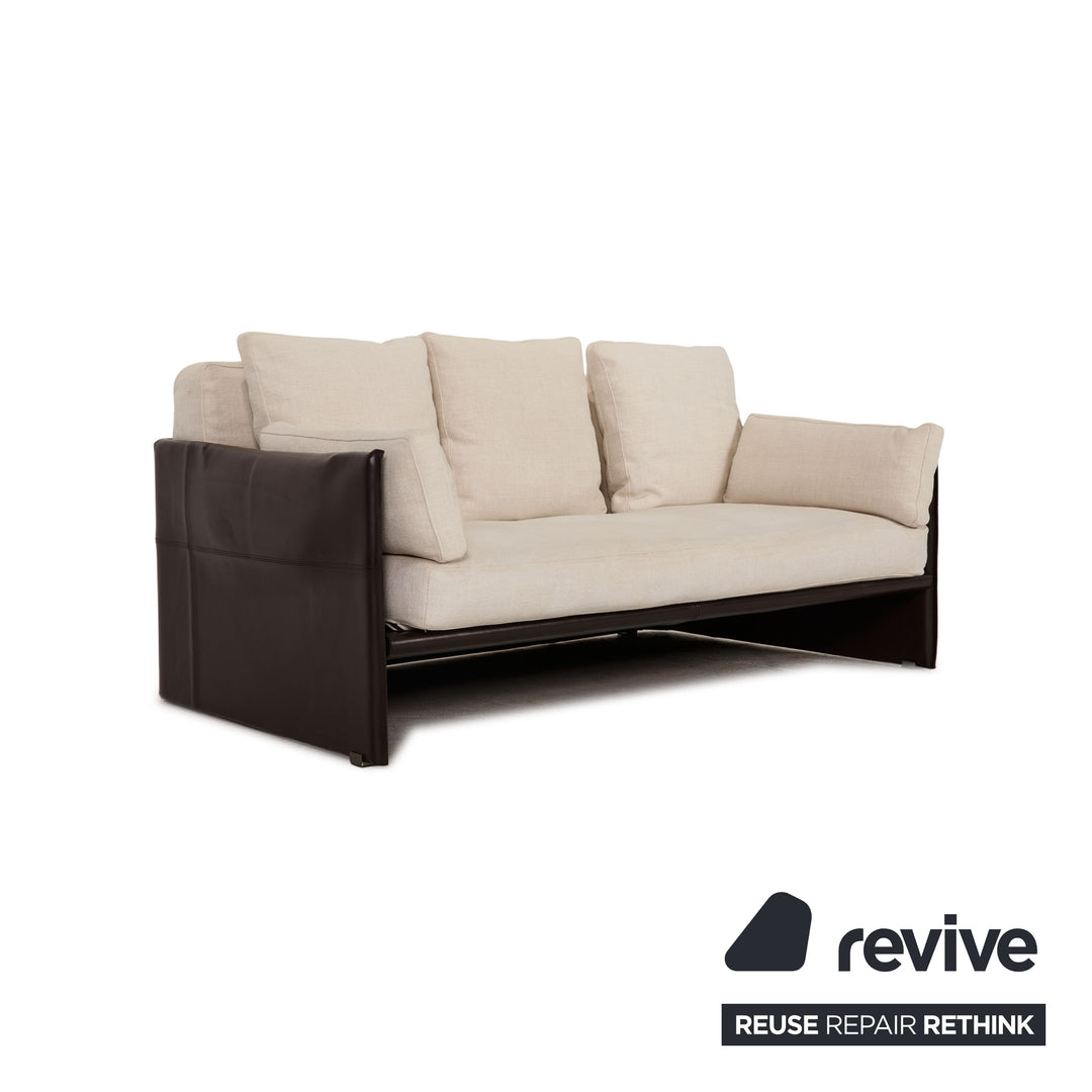 Minotti Fabric Two Seater Cream Brown Leather Sofa Couch