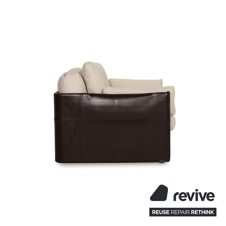 Minotti Fabric Two Seater Cream Brown Leather Sofa Couch