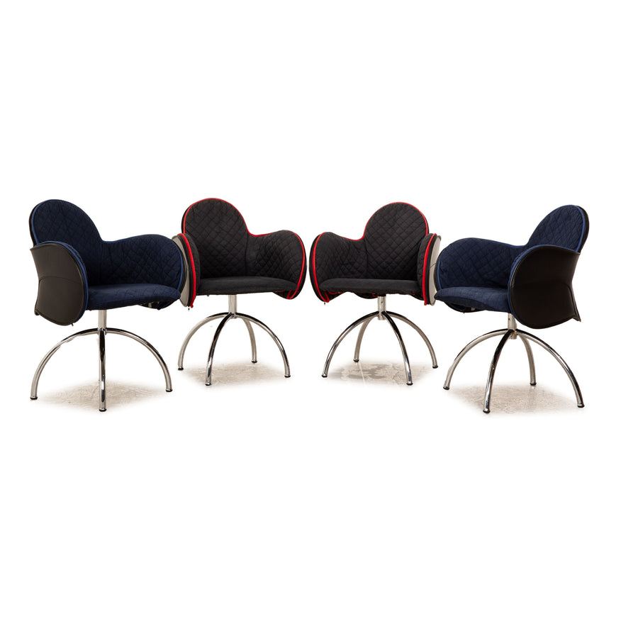 Set of 4 De Padova leather chairs blue red black fabric by Vico Magistretti