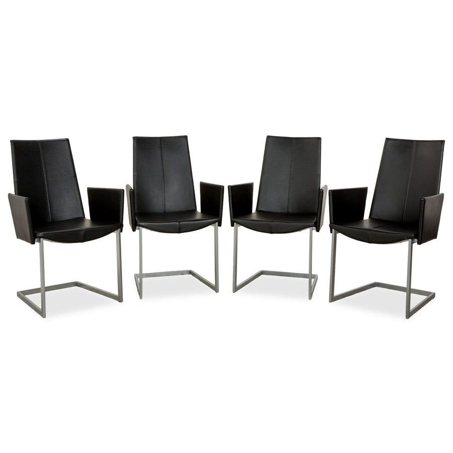 4er Garnitur KFF Leder Stuhl Freischwinger Schwarz