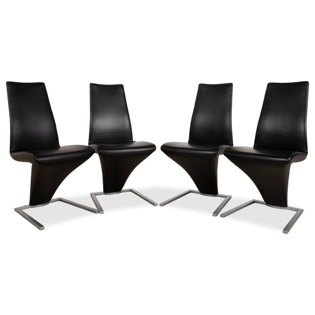 Ensemble de 4 chaises de salle à manger en cuir noir Rolf Benz 7800