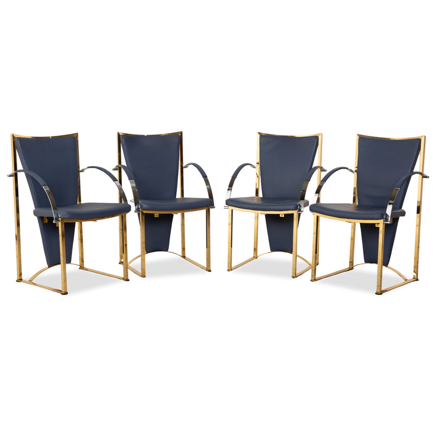 Lot de 4 chaises Ronald Schmitt en cuir bleu métal doré