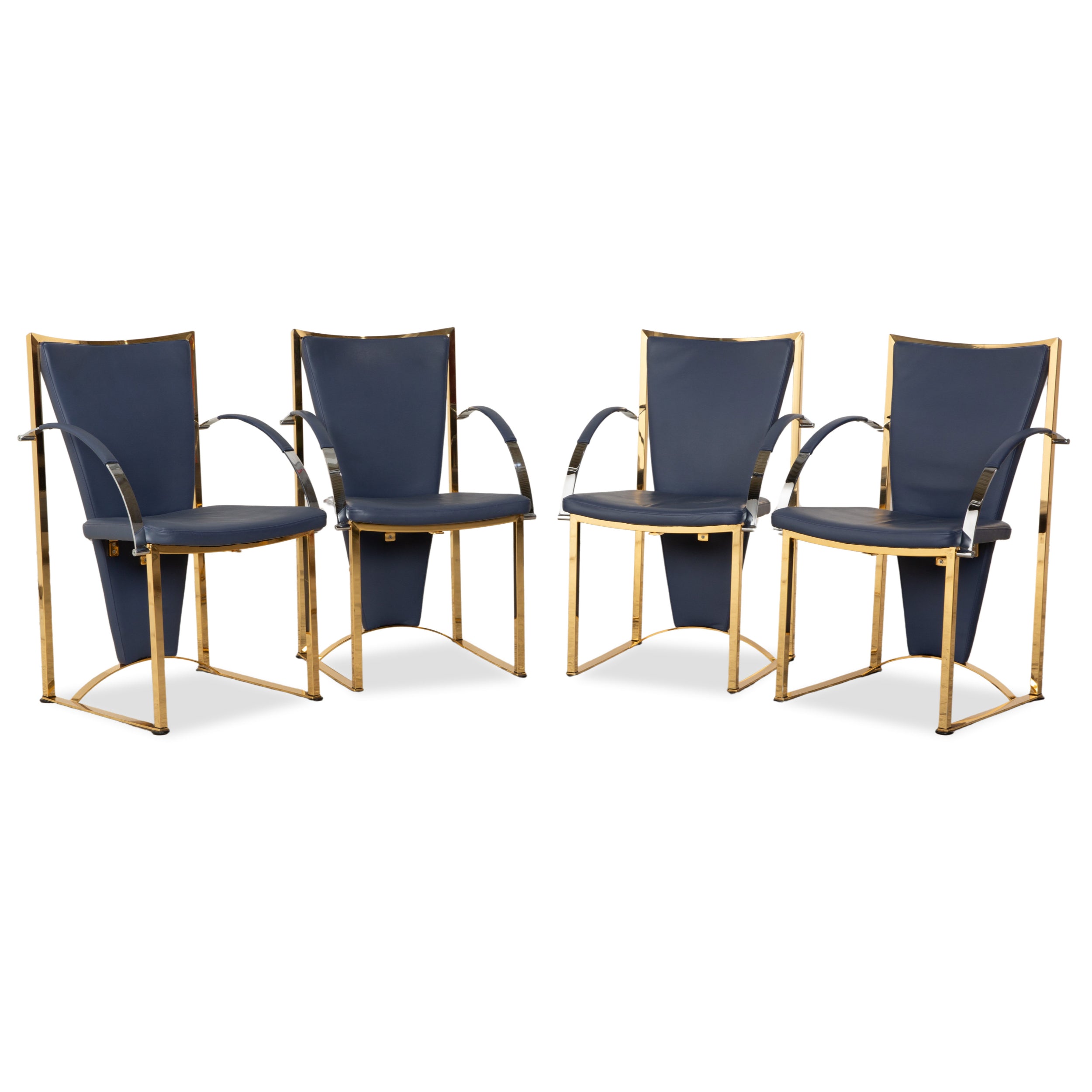 Set of 4 Ronald Schmitt leather chairs blue gold metal