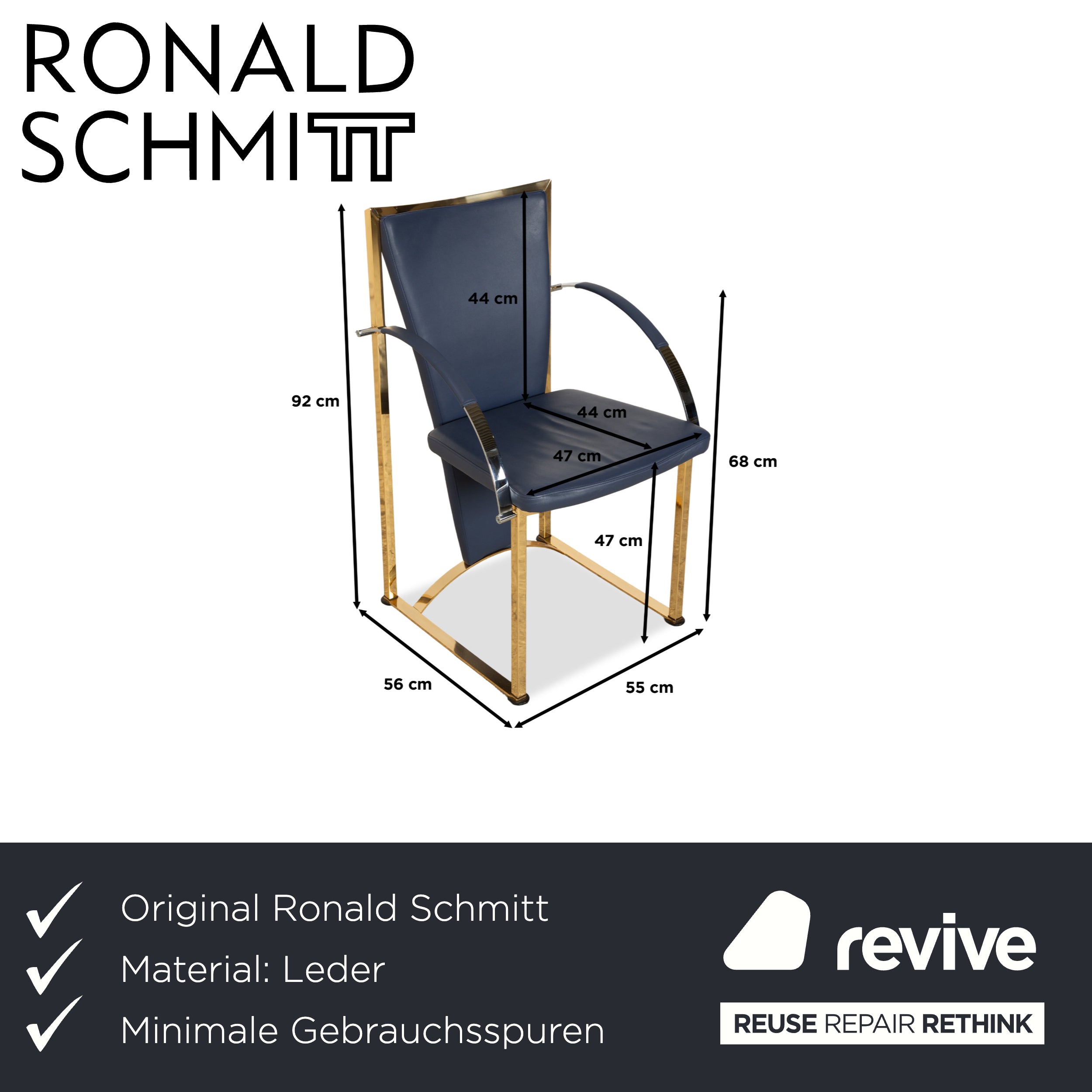 Set of 4 Ronald Schmitt leather chairs blue gold metal