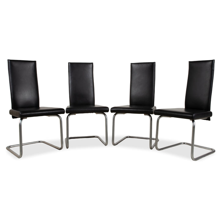 Set of 4 Ronald Schmitt Leather Chairs, Black Chrome, Dining Room