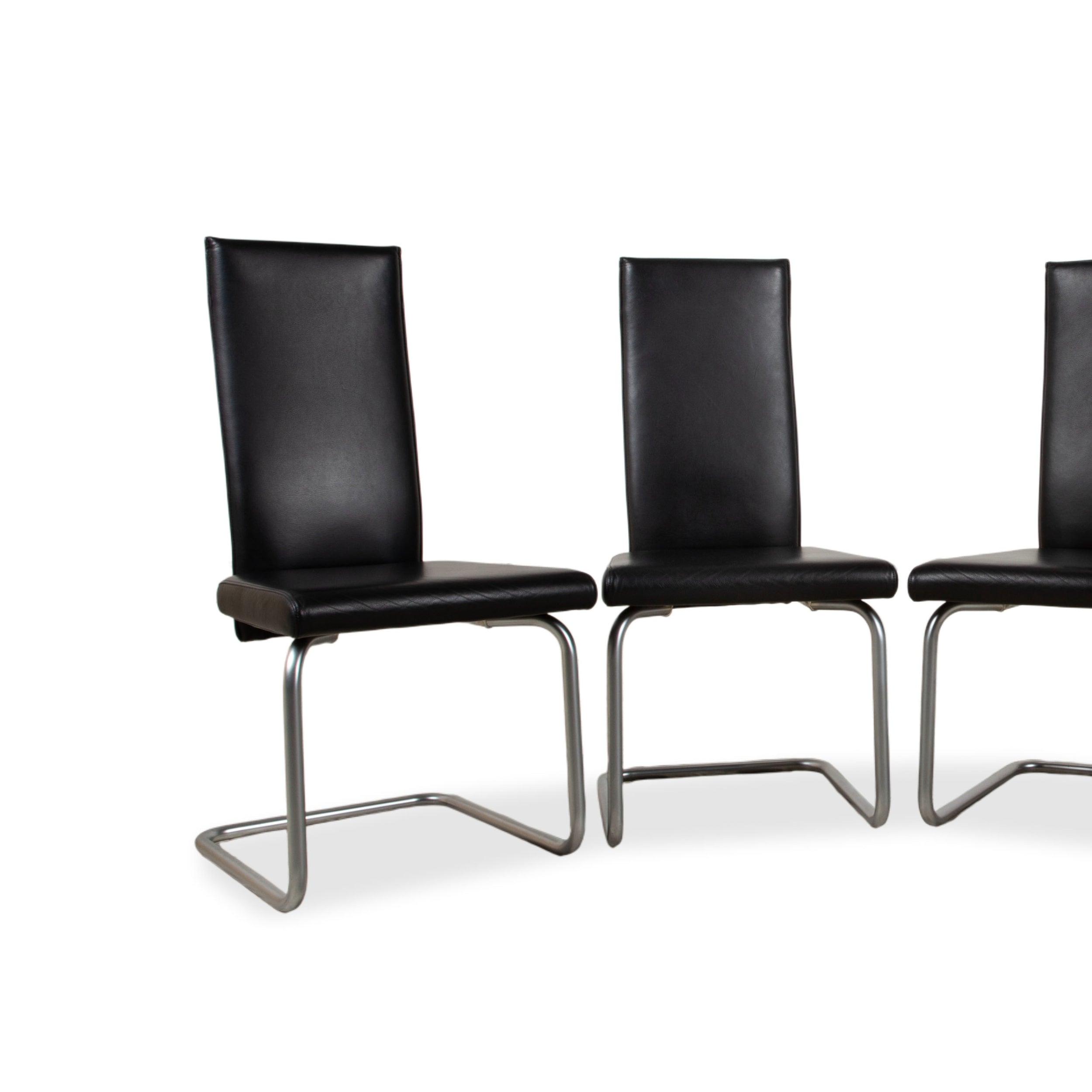 Set of 4 Ronald Schmitt Leather Chairs, Black Chrome, Dining Room