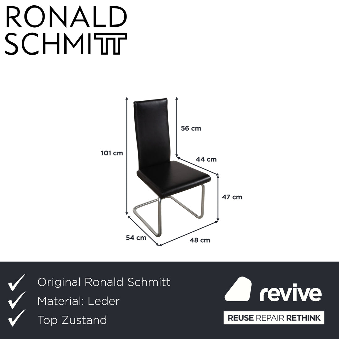 Ensemble de 6 chaises en cuir Ronald Schmitt, finition chrome noir, salle à manger