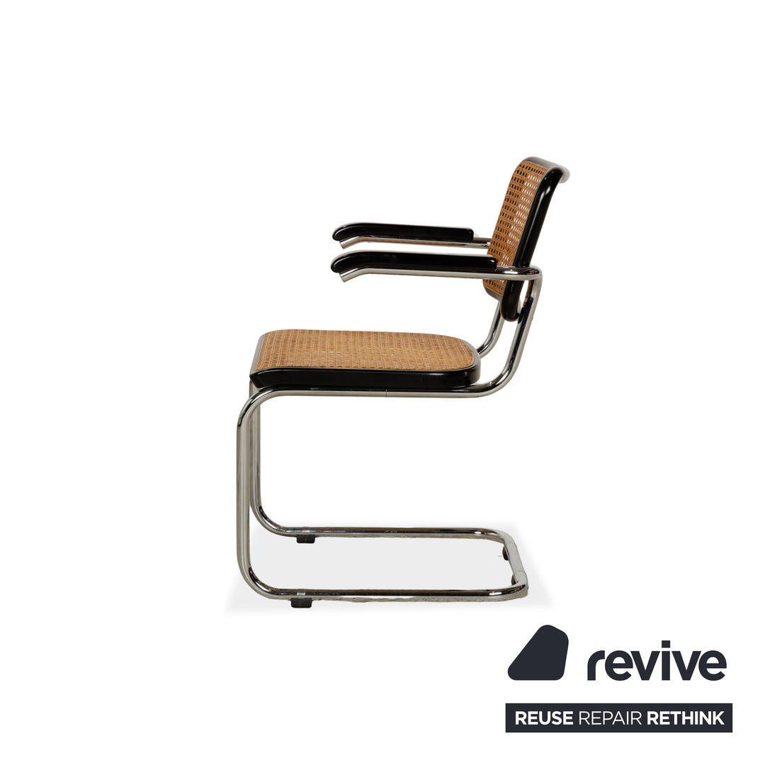Set of 4 Thonet S 64 wooden Viennese wickerwork chairs with cantilever arms, black and brown, dining room