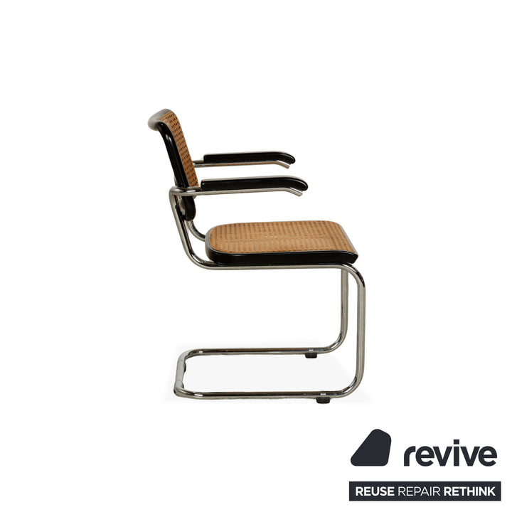 Set of 4 Thonet S 64 wooden Viennese wickerwork chairs with cantilever arms, black and brown, dining room