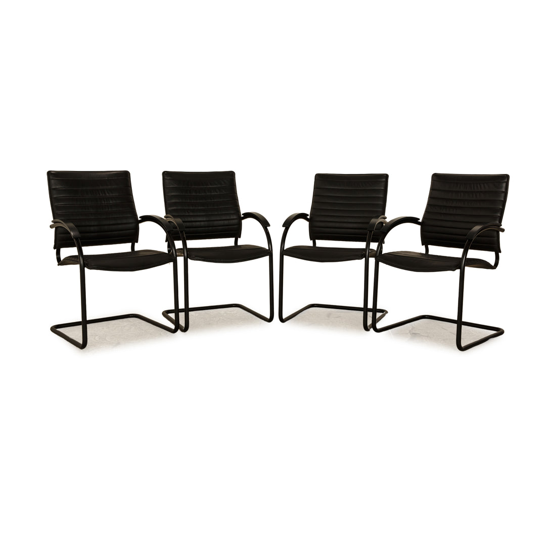 4er Garnitur Thonet S 74 Leder Stuhl Schwarz Vintage