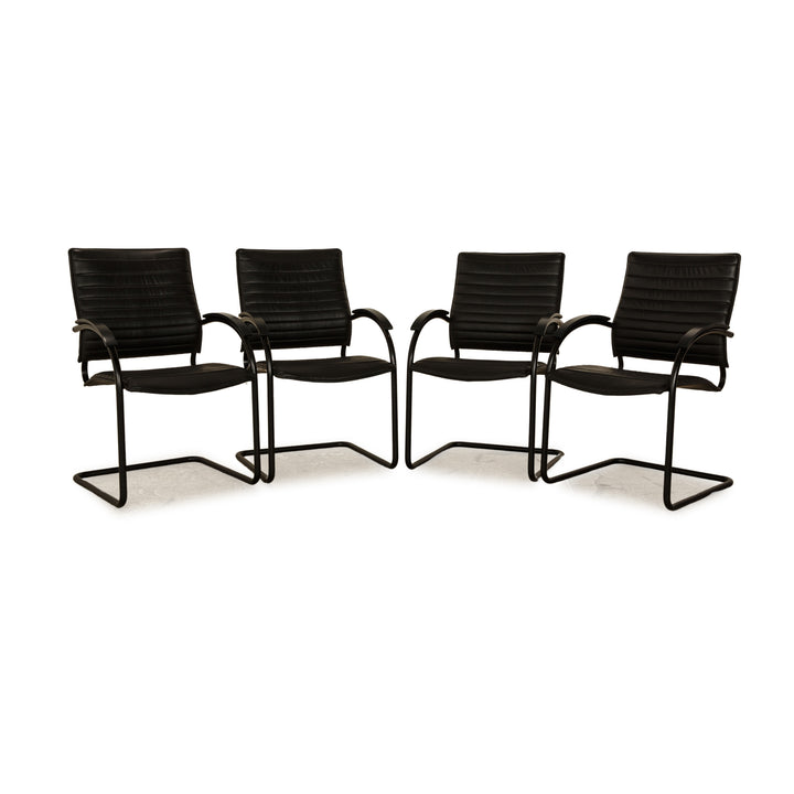 4er Garnitur Thonet S 74 Leder Stuhl Schwarz Vintage