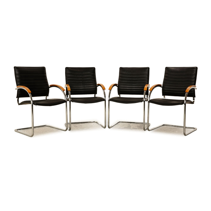 4er Garnitur Thonet S 74 Leder Stuhl Schwarz Vintage