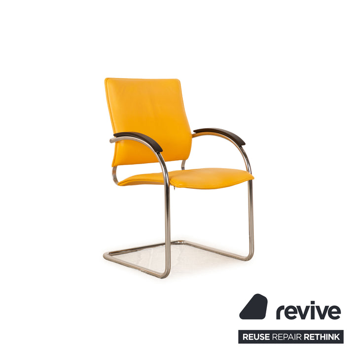 4er Garnitur Thonet S 74 / S74 Leder Stuhl Gelb Schwarz Vintage Freischwinger Konferenzstuhl