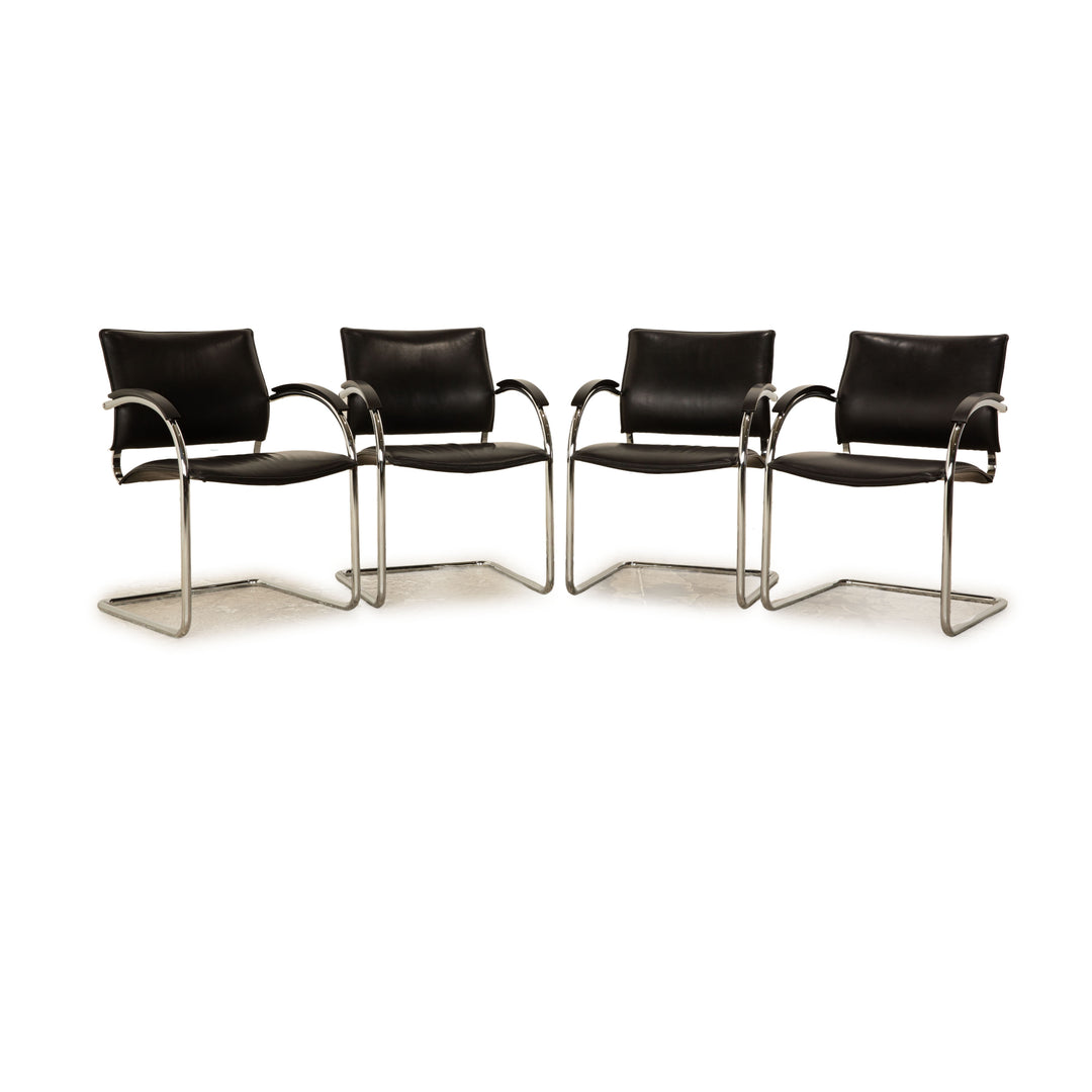4er Garnitur Thonet S 74 / S74 Leder Stuhl Schwarz Vintage Freischwinger Konferenzstuhl