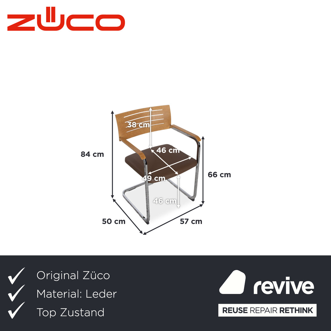 Set of 4 Züco Leather Chairs, Brown Wood