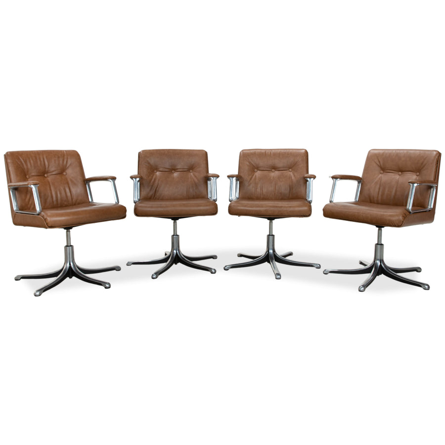 4er Osvaldo Borsani P126 Leder Stuhl Set Braun Cognac manuelle Funktion
