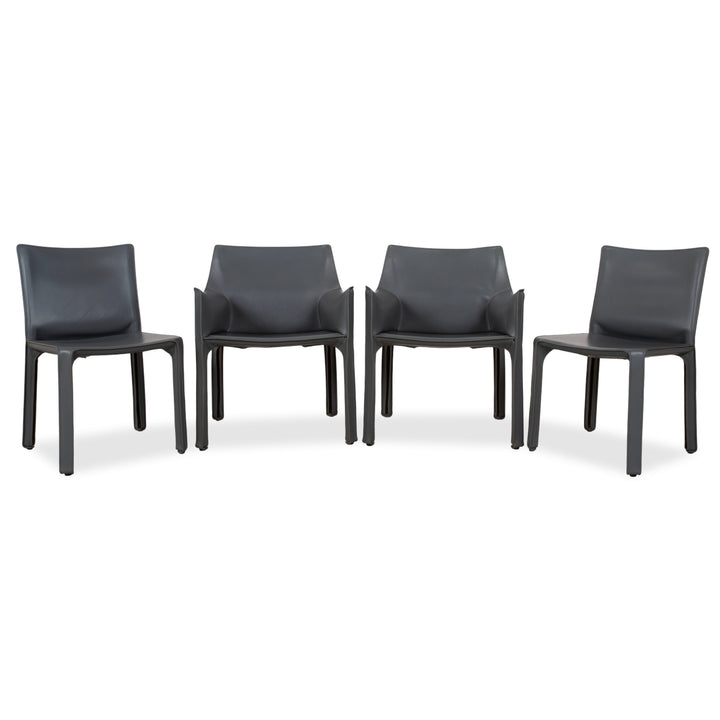 Set of 4 Cassina Cab 413/412 Gray Leather Chairs, Core Leather, Mario Bellini