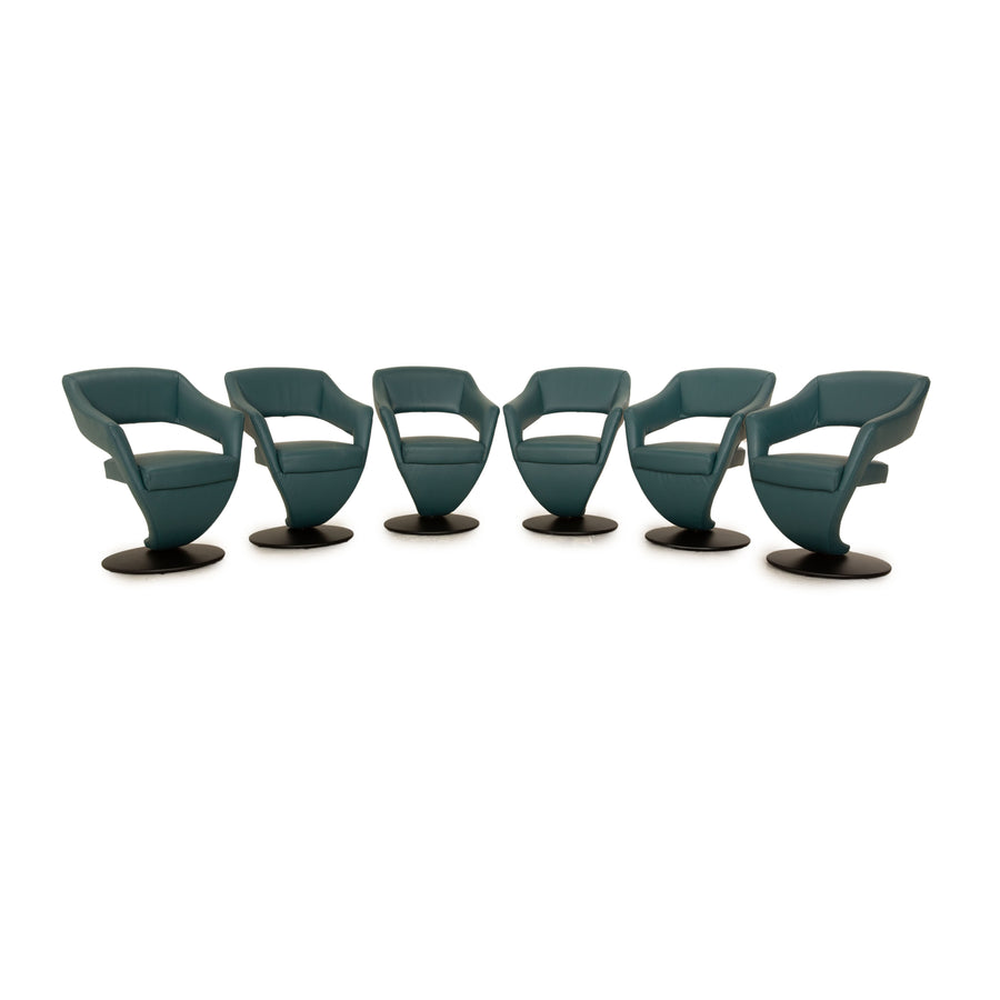 Set of 6 K+W upholstered furniture Variano Malito leather chair blue petrol manual function dining room swivel function