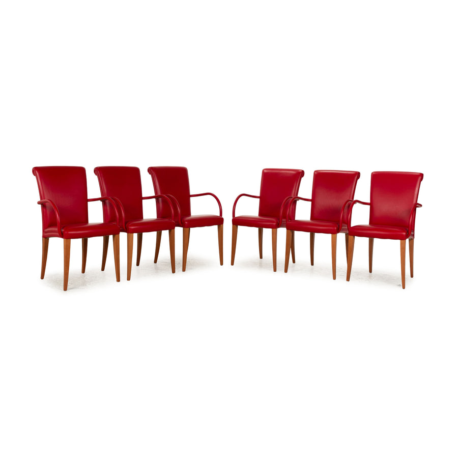 Ensemble de 6 chaises en cuir Poltrona Frau Vittoria rouge avec accoudoirs salle à manger