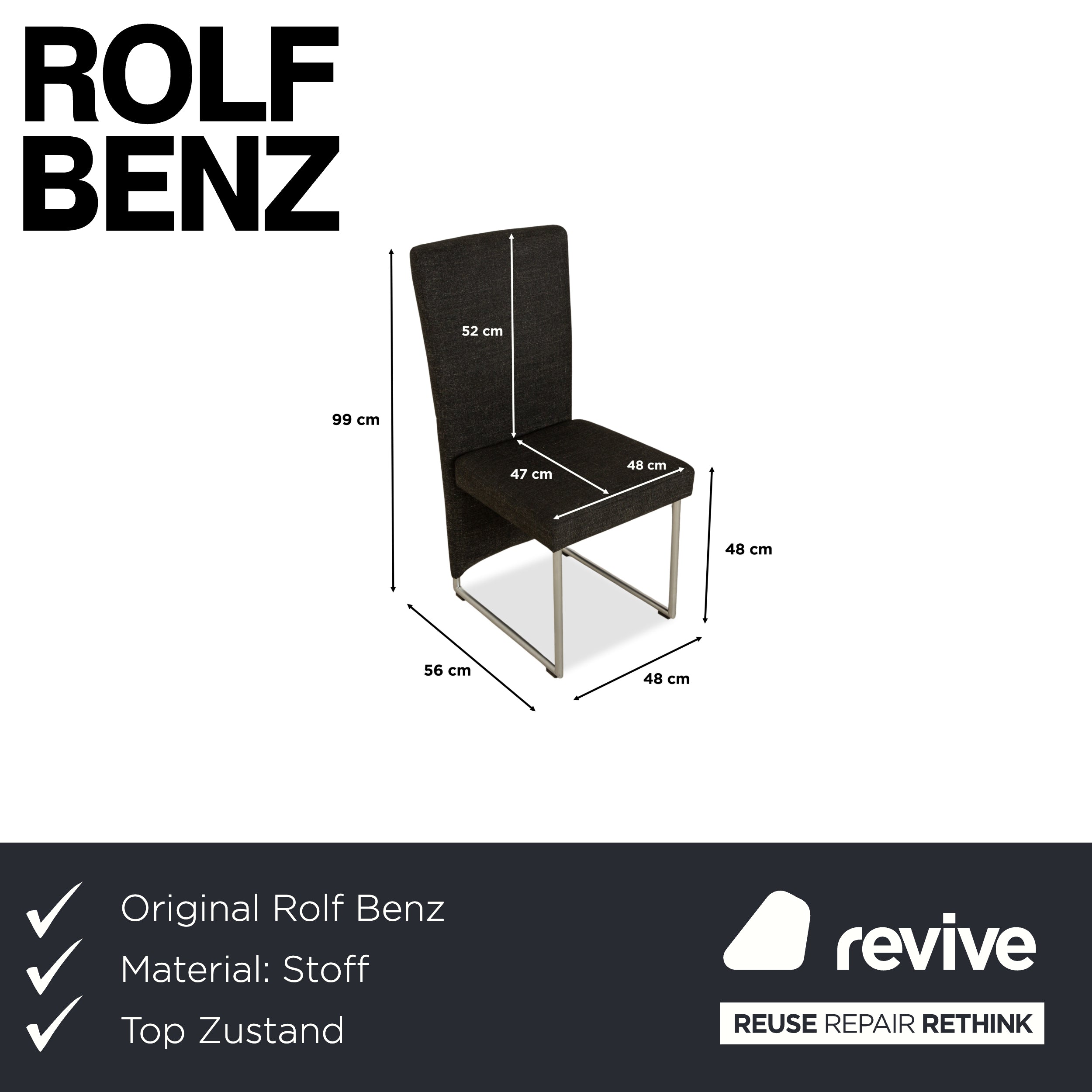 Lot de 6 chaises en tissu Rolf Benz 7400, anthracite, gris foncé, pour salle à manger