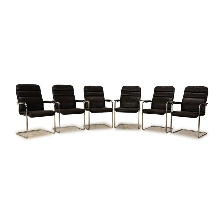 Set of 6 Thonet Leather Chairs Black Vintage